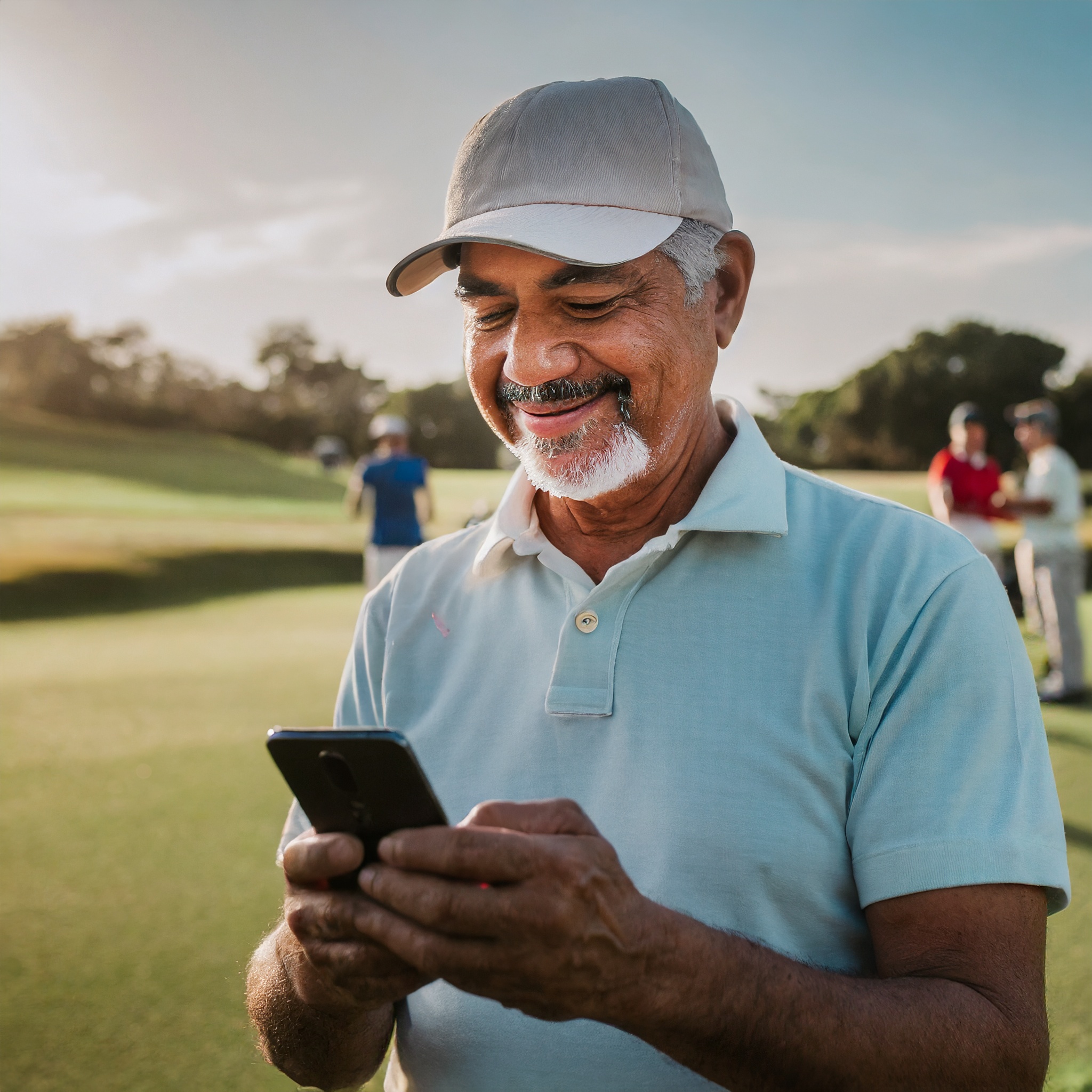 Man golfing with friends, looking at phone. Contact